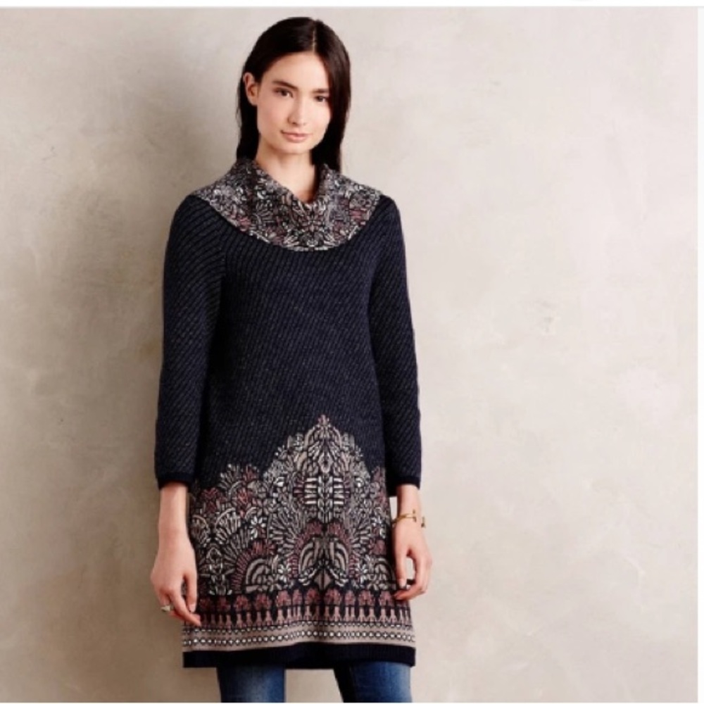 Anthropologie Moth Sz L Imperial Garden Tunic Sweater Dress Alpaca Cotton Wool - Picture 2 of 14